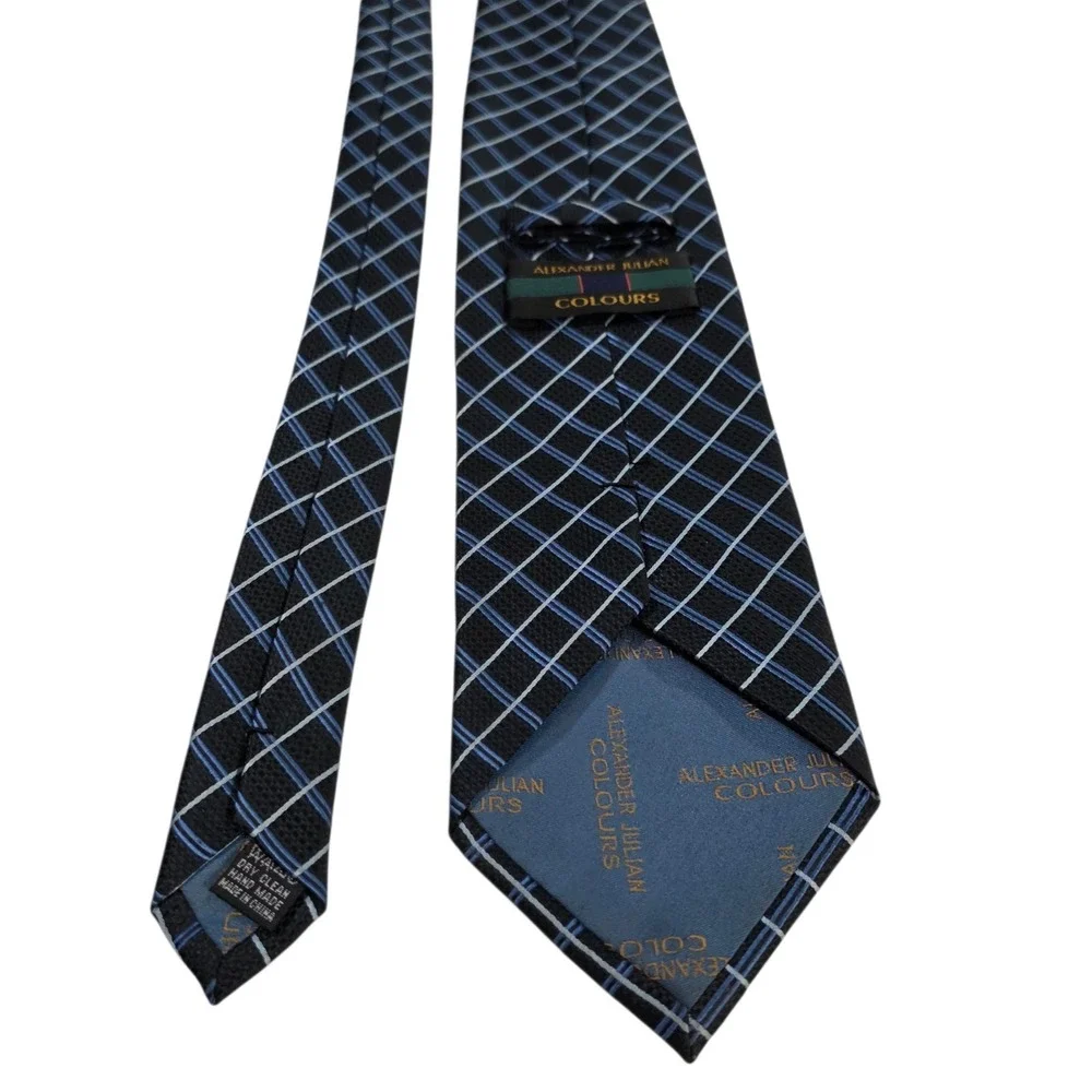 ALEXANDER‎ JULIAN Colours Mens Silk Blend Tie Black Blue Plaid Pattern Business